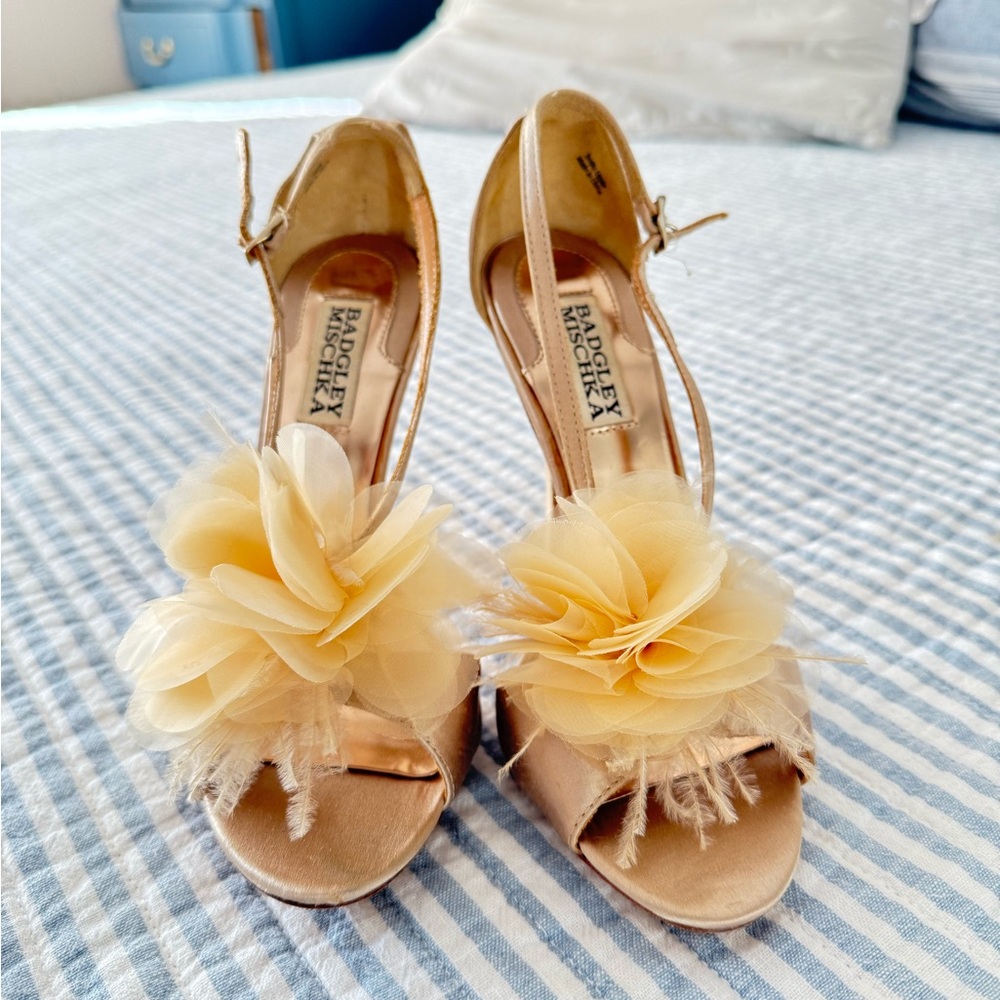 Badgley Mischka Champagne Heels with Floral Detail